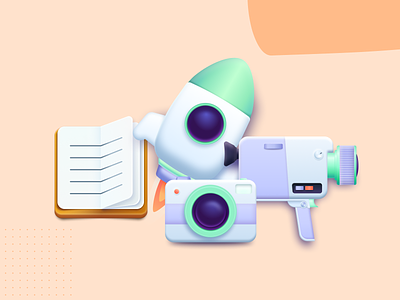 Illustrations Part.2 3d 8mm camera design figma icon illustration illustrations journal neumorphism rocket ui vector videocamera