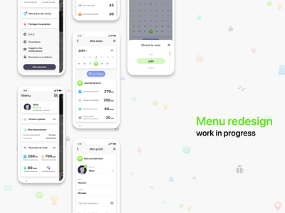 Menu redesign car card design menu profile stats ui ux