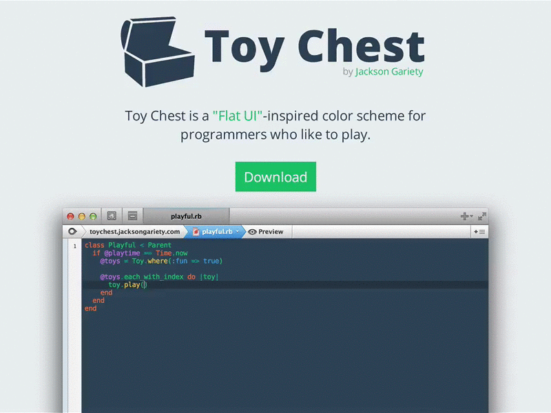 Toy Chest Theme flat ui textmate theme css website html css3 html5 flat ui muted colors syntax highlighting color scheme download freebie sublime text 2 sublime text coda 2