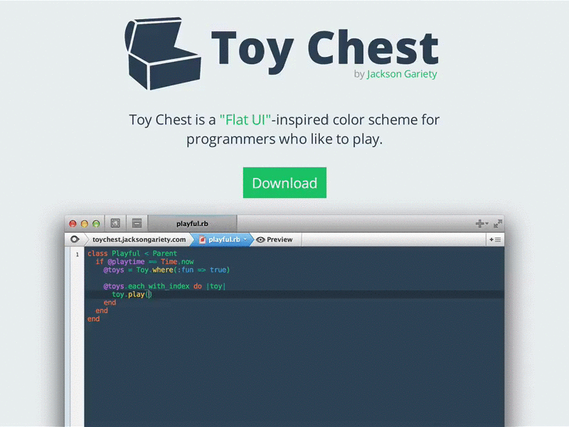 Toy Chest Theme coda 2 color scheme css css3 download flat flat ui freebie html html5 muted colors sublime text sublime text 2 syntax highlighting textmate theme ui website