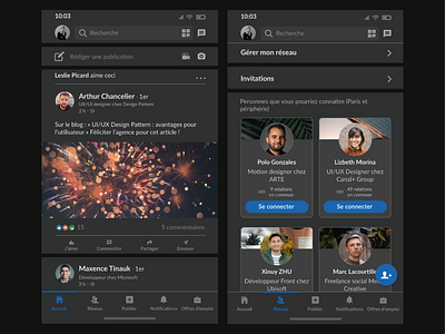 Linkedin dark theme app dark theme dark ui design linkedin mobile ui