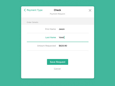 Tablet App - Payments Modal app button fields form green payments screen tablet ui