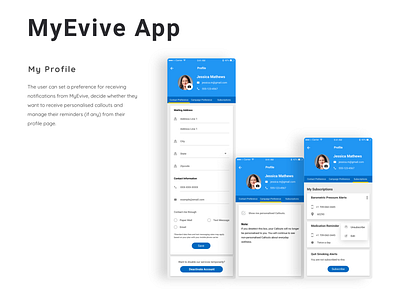 Profile page for MyEvive app cards design healthcare app profile profile card tabs ui ux