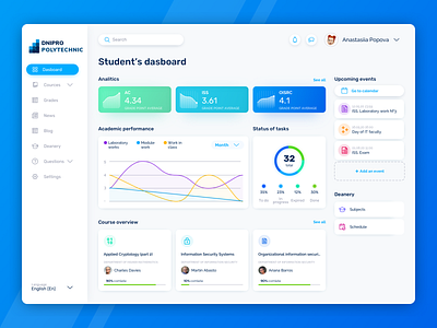 Student's dashboard Concept app cards chart colorful colors concept dashboad design diagram icon interface list view logogrid profile side menu ui uiux university ux web