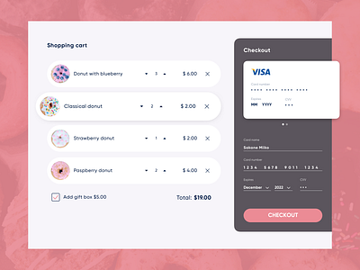 Checkout page app cake checkout checkout page colorful colors concept creditcard design donut flat interface list view pink ui ux