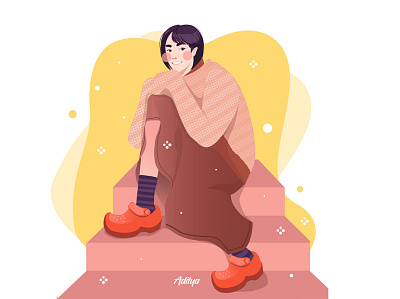 woman sitting on the stairs in a flat illustration animation art branding design flat illustration illustrator logo minimal vector