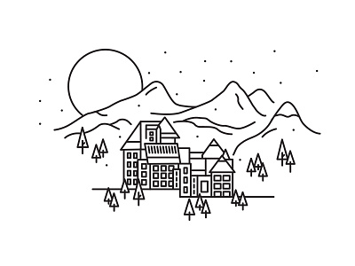 West Coast banff building hotel illustration lineart mountains rockies snow sun west