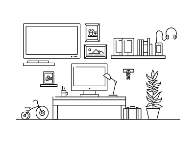 Office Space computer desk flatdesign frame lineart millenial music office officespace picture tricycle tv