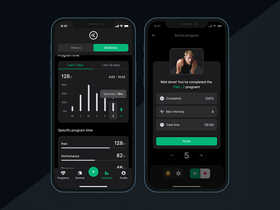 NuroKor Lifetech App | Statistics app appdesign dark darkmode design health healthapp light lightmode microcurrent minimal program treatment ui ux