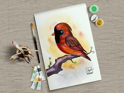 Watercolor Red Cardinal Bird - Character Design