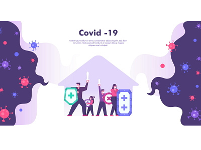 Corona virus flat illustration banner coronavirus covid19 fighting flat illustration home house illustration landingpage pandemic poster quarantine shield stay home uiux virus work from home