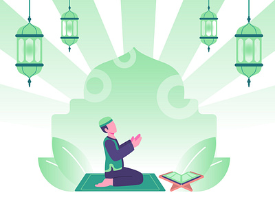 Moslem guy praying at mosque, Ramadan concept flat illustration