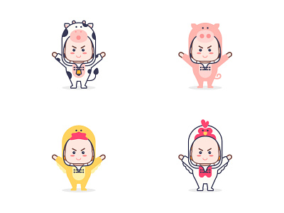 kids  with animal suit sticker illustration