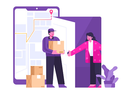 Delivered to costumers and feel happy delivery flat illustration landingpage order web