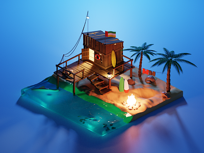 Beach Hut Night Scene 3d art beach blender illustration isometric night palm trees render vacation water