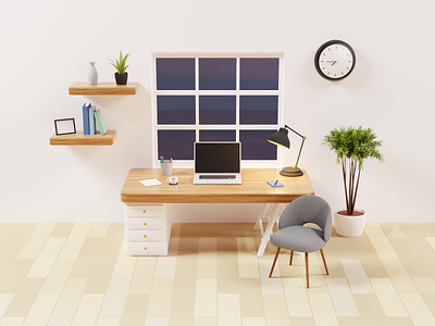 3D Desk Room 3d ar art blender desk illustration lighting low poly plant render room vr window