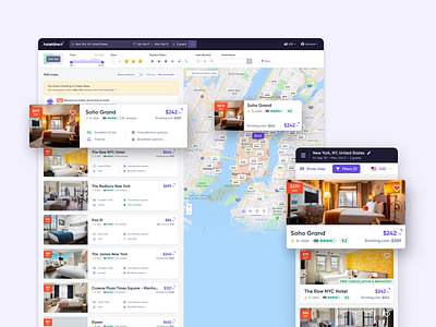 HotelDirect - desktop and mobile search book booking branding card filters hotel hotel booking map search travel trip ui ux