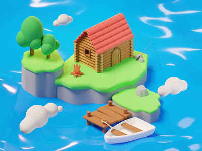 3D Island Cabin 3d art blender boat cabin cloud design illustration island isometric lighting low poly lowpoly render