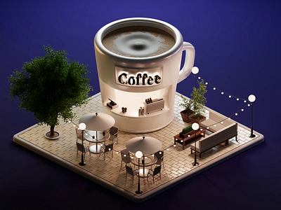 Coffee Shop at Night 3d art blender design illustration lighting low poly render