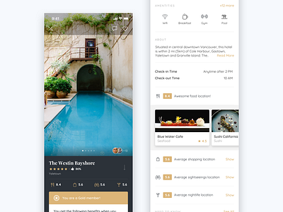 Travel App: Hotel Details Screen amenities android app card hospitality hotel icon image ios iphone list mobile pricing restaurants room slider travel