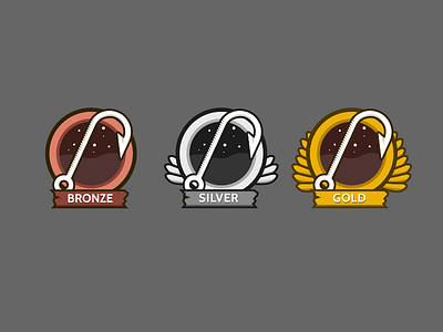 FIshing App: Badges android angler badge bronze fish fishing gamification gold hook illustration ios iphone loot medal mobile reward silver web