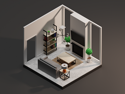 Isometric Living Room 3d 3d art 3d illustration art blender bookshelf fireplace illustration interior isometric isometric art isometric design lamp lighting lights living room plant sofa table tv