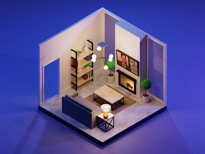 Isometric Living Room - Night Version 3d 3d art 3d illustration blender bookshelf dwight dwight schrute fireplace illustration interior isometric isometric art isometric design lamp lighting lights plant table the office tv