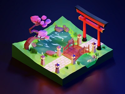 Low Poly - Spring Night in Japan 3d art blender bridge design illustration isometric japan lighting lights low poly lowpoly night pond render sakura texture ui ux vector