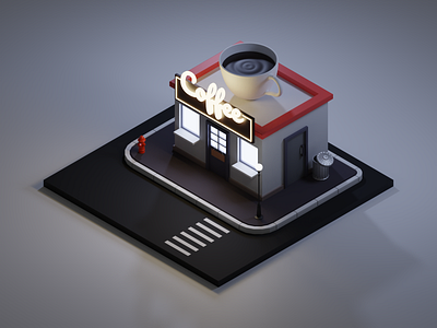 Isometric Coffee Shop - Night Scene 3d architecture art blender building coffee coffeeshop cup design illustration isometric lighting lights low poly lowpoly shop street ui ux vectore