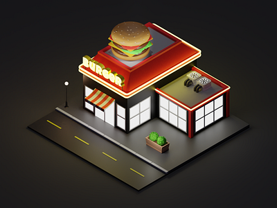 Isometric Burger Joint - Night Scene 3d architecture art blender building burger design illustration isometric lighting lights lowpoly lowpolyart mcdonalds restaurant shop street ui ux vector