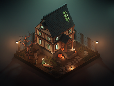 Haunted House - Dribbble Weekly Warm-Up 3d architecture blender grave halloween haunted haunted mansion house illustration isometric jack o lantern lighting lights lowpoly lowpolyart pumpkin render ui ux