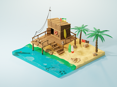 Isometric Beach Hut 3d beach blender design fishing hut illustration isometric palm render sand vacation water