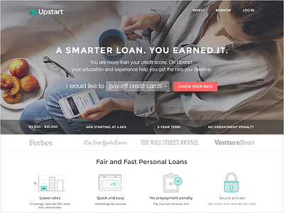 Upstart Landing Page cta dropdown finance icons landing page loan press