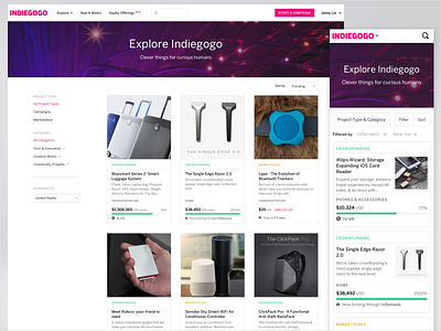 Indiegogo Explore browse categories crowdfunding explore filters navigation