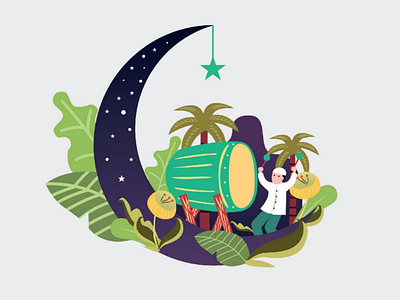 Eid Mubarak art character design flatart illustation indonesia moon plant vector