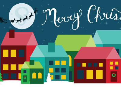 Merry Christmas To All... christmas handlettering houses illustration neighborhood reindeer snow snowman winter wonderland wreath