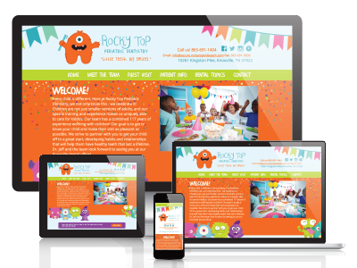 Rocky Top Kids Dentist children colorful cute fun kid logo monster responsive website