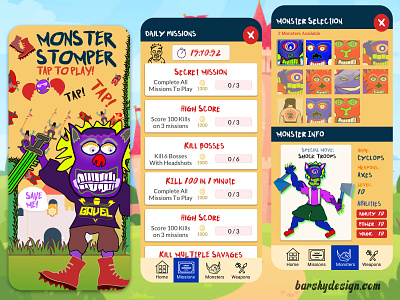 Monster Stomper Game Design Concept appdesign appdesigner barskydesign design designer designforhire designsystem game gamedesign ideas ui ux uxresearch uxui