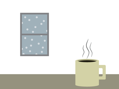 Cold Weather, Hot Coffee coffee cold flat illustration mug snow snowflakes steam warm window