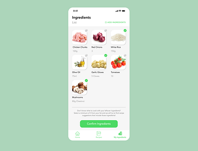 Leftover Ingredients Recipe Suggestion clean dailyui design figma figmadesign minimal mobile modern recipe simple ui uidesign