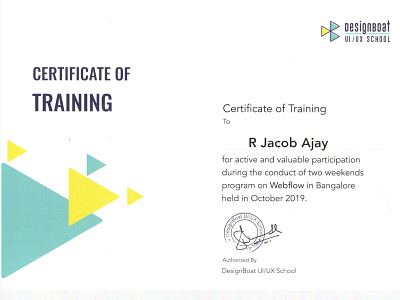 Webflow Certificate : R.Jacob Ajay certificate design certification color design expert name tag webflow