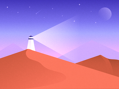 Follow the light to find your way through the desert. design full moon illustration lighthouse naturel night star