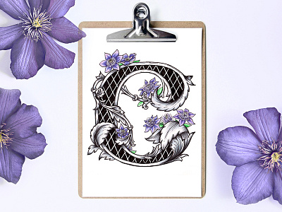 Victorian Floral Alphabet - C (Clematis) alphabet art botanical clematis floral flower font illustration lettering letters medieval purple types typography victorian