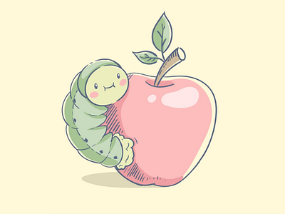 Cute caterpillar on the apple. Vector illustration.