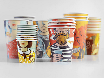 Paper Cups for Cafe Loveat | Mamastudio adobe photoshop branding design digital drawing illustration packaging packaging design paper cup pixel art
