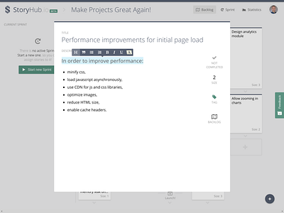 StoryHub.io application backlog modal window project management tool user stories wysiwyg