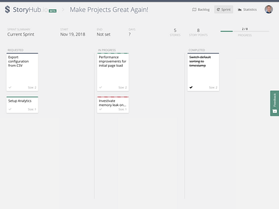 StoryHub.io application drag and drop project management tool sprint tasks