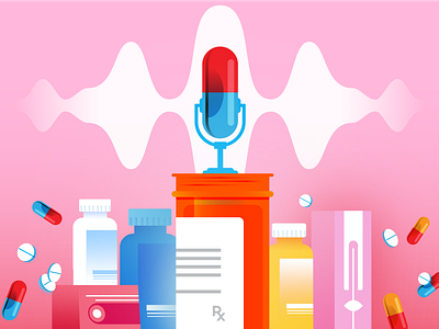 A Daily Dose of Radio editorial art illustration medication medicine microphone otc pharma pharmaceuticals pharmacy pills podcasting prescription radio vector