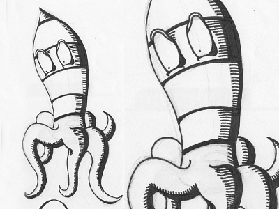 Squid Guy angry eyes black and white drawing fish hatching ink line line art shadow sketch squid swimming