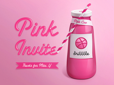 Dribbble Invite cow dribbble first shot invitation invite milk pink realistic thank you thanks